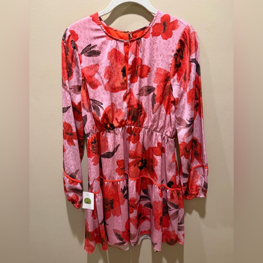 New Pink and Red Floral Long Sleeve Mini Dress Women's Small